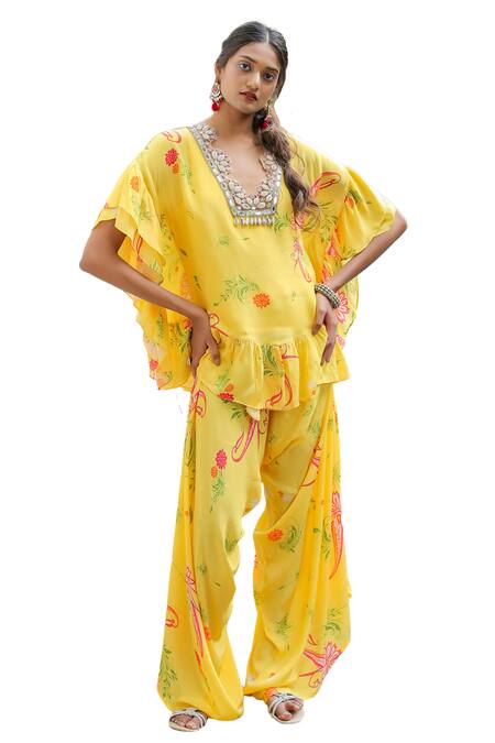 Foram Patel_Yellow Crepe Mirrors, Embroidery V-neck Printed Neckline Kurta Pant Set_at_Aza_Fashions