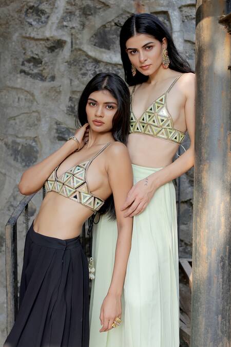 Shop_Foram Patel_Black Net, Georgette Mirrors Sweetheart Neck Embroidered Bralette And Sharara Set_Online_at_Aza_Fashions