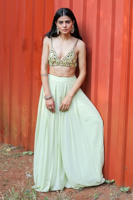 Buy Foram Patel Green Net, Georgette Mirrors, Embroidery Geometric Bralette And Sharara Set Buy_Foram Patel_Green Net, Georgette Mirrors, Embroidery Geometric Bralette And Sharara Set