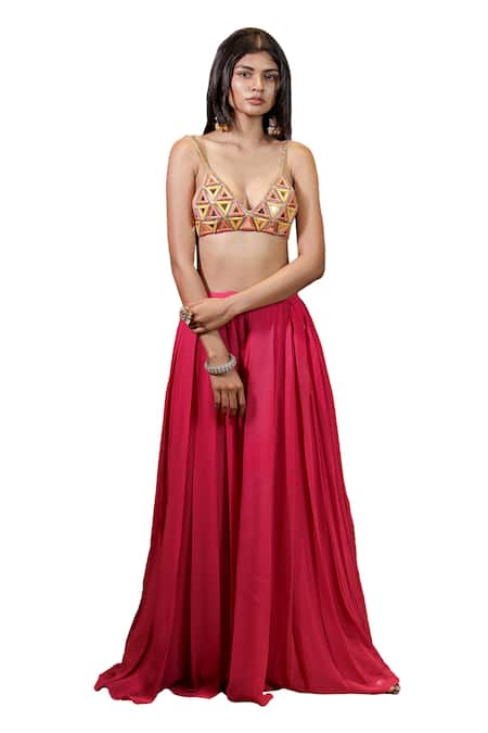 Foram Patel_Pink Net, Georgette Mirrors, Embroidery Bralette And Pleated Sharara Set_Online_at_Aza_Fashions