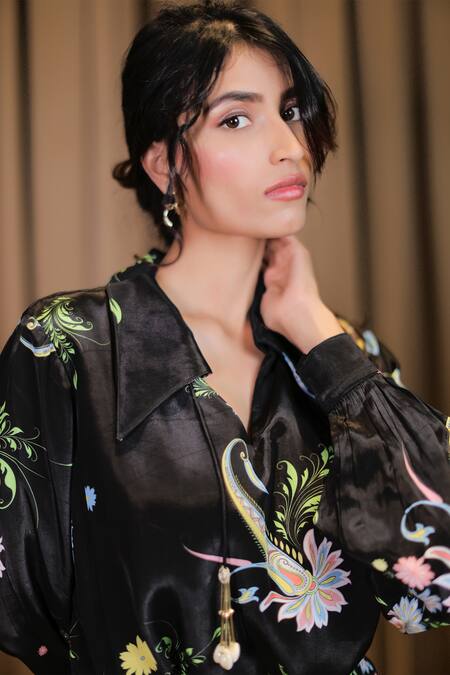 Shop_Foram Patel_Black Crepe Collared Floral And Paisley Print Dress_Online_at_Aza_Fashions