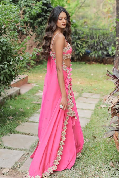 Shop_Foram Patel_Pink Crepe Sequins, Embroidery Sweetheart Neck Mirror Cape Flared Pant Set_at_Aza_Fashions