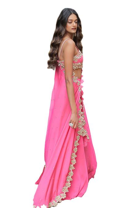 Foram Patel_Pink Crepe Sequins, Embroidery Sweetheart Neck Mirror Cape Flared Pant Set_Online_at_Aza_Fashions