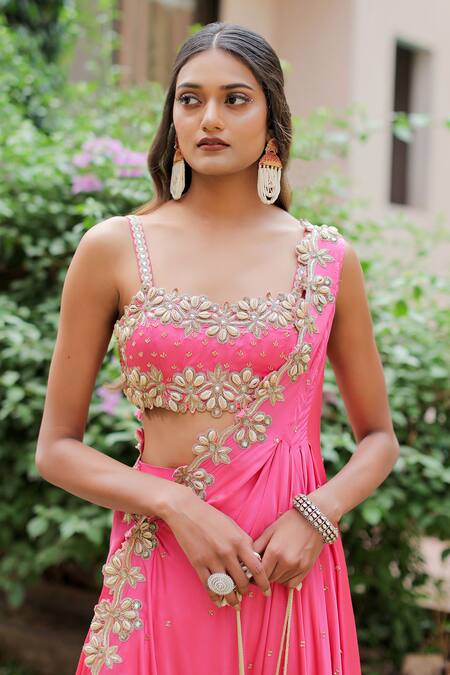 Shop_Foram Patel_Pink Crepe Sequins, Embroidery Sweetheart Neck Mirror Cape Flared Pant Set