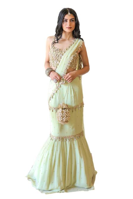 Foram Patel Green Georgette, Net, Linen Mumtaz Shell Pre-draped Saree With Blouse Online at Aza Fashions Foram Patel_Green Georgette, Net, Linen Mumtaz Shell Pre-draped Saree With Blouse_Online_at_Aza_Fashions