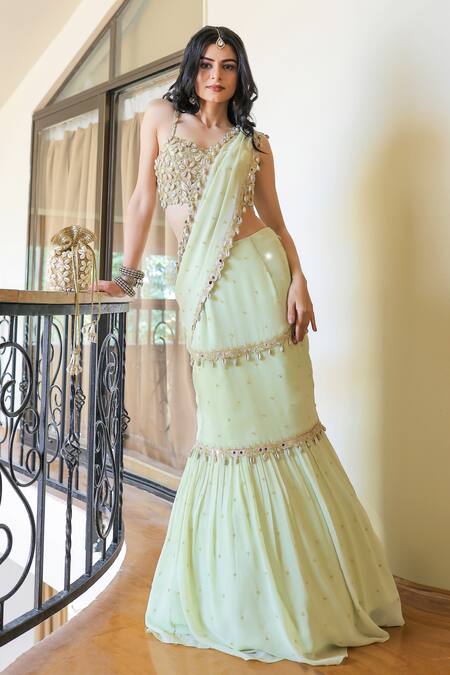 Buy Foram Patel Green Georgette, Net, Linen Mumtaz Shell Pre-draped Saree With Blouse Online at Aza Fashions Buy_Foram Patel_Green Georgette, Net, Linen Mumtaz Shell Pre-draped Saree With Blouse_Online_at_Aza_Fashions