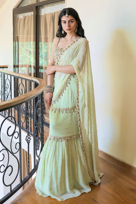 Buy Foram Patel Green Georgette, Net, Linen Mumtaz Shell Pre-draped Saree With Blouse Buy_Foram Patel_Green Georgette, Net, Linen Mumtaz Shell Pre-draped Saree With Blouse