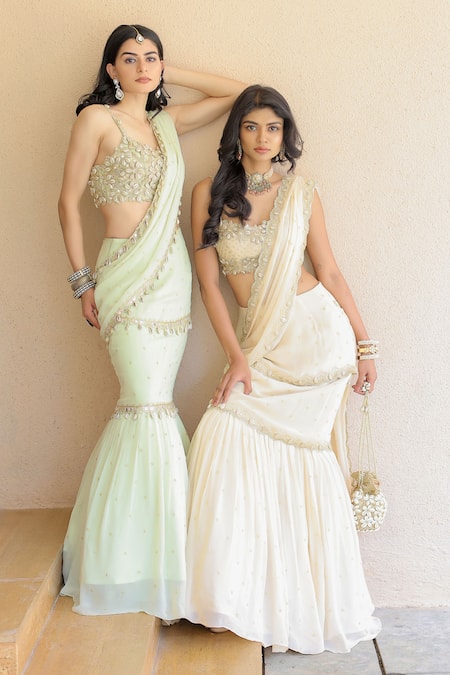 Shop Foram Patel Green Georgette, Net, Linen Mumtaz Shell Pre-draped Saree With Blouse Shop_Foram Patel_Green Georgette, Net, Linen Mumtaz Shell Pre-draped Saree With Blouse