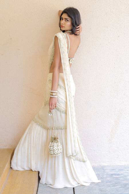 Shop_Foram Patel_Cream Net, Georgette, Linen Embroidery, Mirrors Pre-draped Saree With Blouse_at_Aza_Fashions