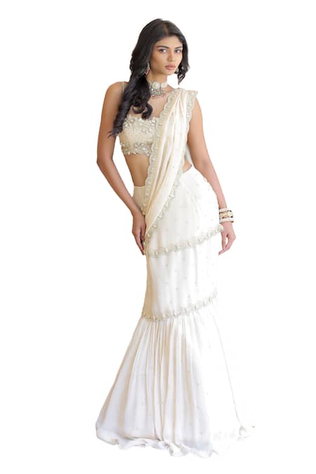 Buy_Foram Patel_Cream Net, Georgette, Linen Embroidery, Mirrors Pre-draped Saree With Blouse_Online_at_Aza_Fashions