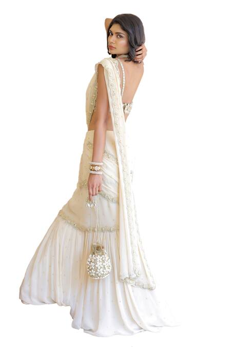 Buy_Foram Patel_Cream Net, Georgette, Linen Embroidery, Mirrors Pre-draped Saree With Blouse