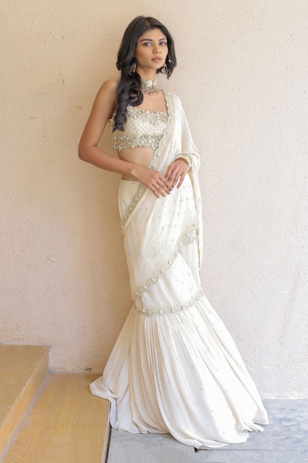 Shop_Foram Patel_Cream Net, Georgette, Linen Embroidery, Mirrors Pre-draped Saree With Blouse
