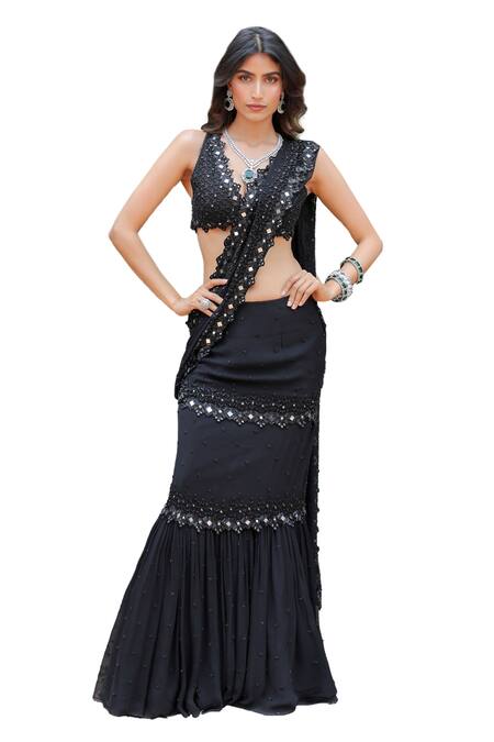 Buy_Foram Patel_Black Net, Georgette, Linen Mirrors Embroidered Pre-draped Saree With Blouse_Online_at_Aza_Fashions