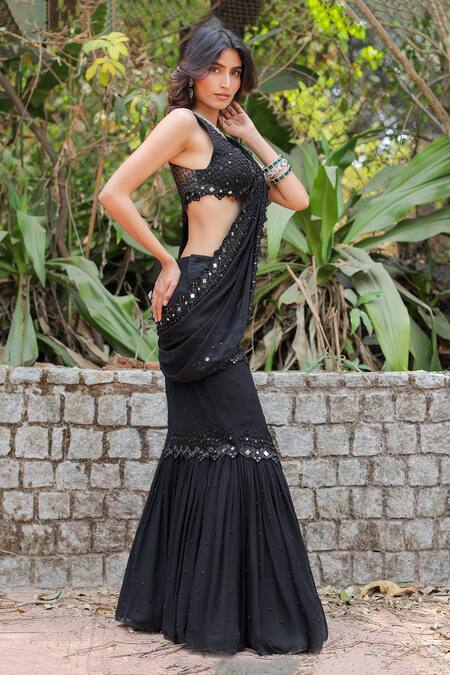 Shop_Foram Patel_Black Net, Georgette, Linen Mirrors Embroidered Pre-draped Saree With Blouse_Online_at_Aza_Fashions