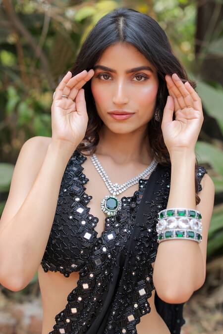 Buy_Foram Patel_Black Net, Georgette, Linen Mirrors Embroidered Pre-draped Saree With Blouse