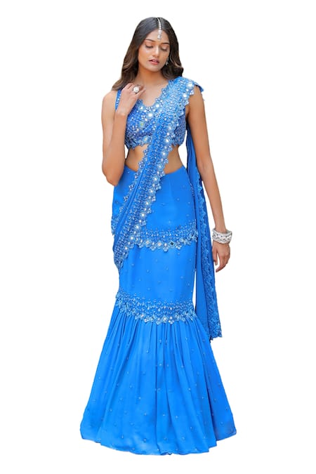 Buy_Foram Patel_Blue Georgette, Net Cut Work, Mumtaz Hand Pre-draped Saree With Blouse_Online_at_Aza_Fashions