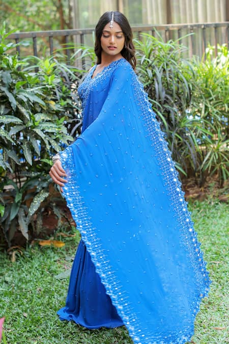 Foram Patel_Blue Georgette, Net Cut Work, Mumtaz Hand Pre-draped Saree With Blouse_at_Aza_Fashions