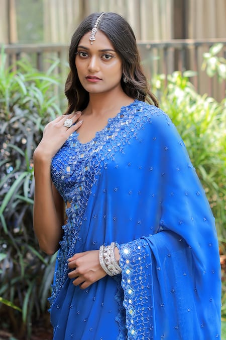 Buy_Foram Patel_Blue Georgette, Net Cut Work, Mumtaz Hand Pre-draped Saree With Blouse