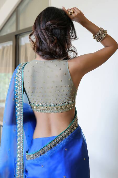 Shop Foram Patel Blue Silk, Crepe Cut Work, Embroidery, Hand Pre-draped Saree With Blouse at Aza Fashions Shop_Foram Patel_Blue Silk, Crepe Cut Work, Embroidery, Hand Pre-draped Saree With Blouse_at_Aza_Fashions