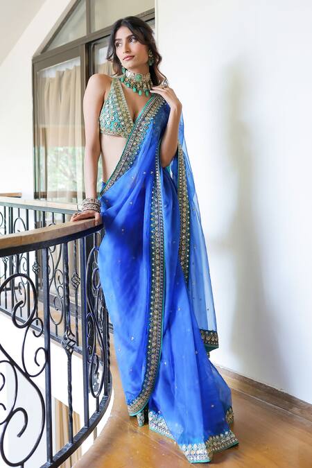 Foram Patel Blue Silk, Crepe Cut Work, Embroidery, Hand Pre-draped Saree With Blouse Online at Aza Fashions Foram Patel_Blue Silk, Crepe Cut Work, Embroidery, Hand Pre-draped Saree With Blouse_Online_at_Aza_Fashions