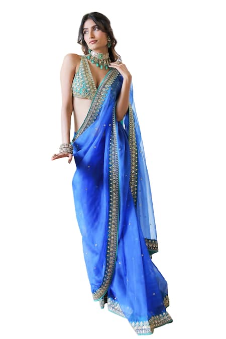 Buy Foram Patel Blue Silk, Crepe Cut Work, Embroidery, Hand Pre-draped Saree With Blouse Online at Aza Fashions Buy_Foram Patel_Blue Silk, Crepe Cut Work, Embroidery, Hand Pre-draped Saree With Blouse_Online_at_Aza_Fashions