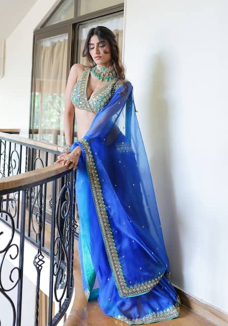 Shop Foram Patel Blue Silk, Crepe Cut Work, Embroidery, Hand Pre-draped Saree With Blouse Online at Aza Fashions Shop_Foram Patel_Blue Silk, Crepe Cut Work, Embroidery, Hand Pre-draped Saree With Blouse_Online_at_Aza_Fashions