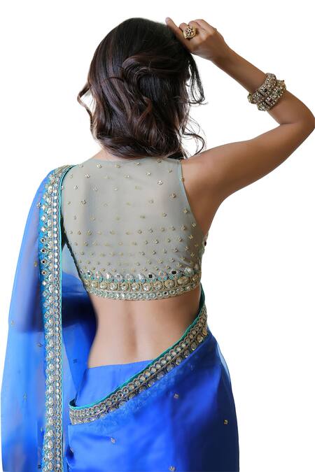 Foram Patel Blue Silk, Crepe Cut Work, Embroidery, Hand Pre-draped Saree With Blouse at Aza Fashions Foram Patel_Blue Silk, Crepe Cut Work, Embroidery, Hand Pre-draped Saree With Blouse_at_Aza_Fashions