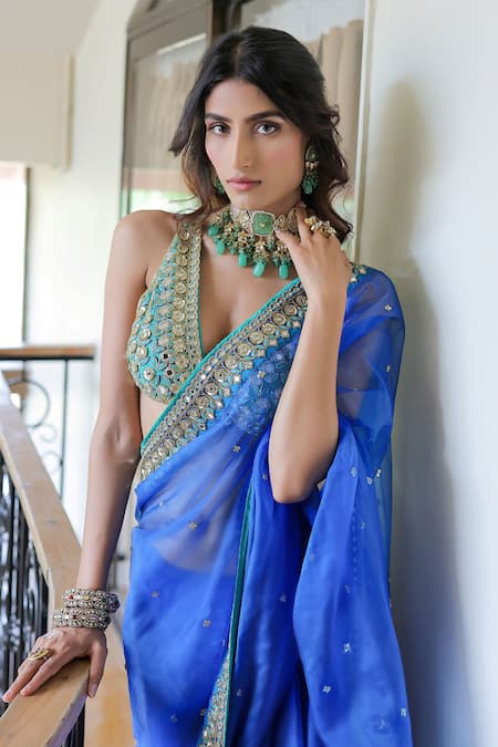 Buy Foram Patel Blue Silk, Crepe Cut Work, Embroidery, Hand Pre-draped Saree With Blouse Buy_Foram Patel_Blue Silk, Crepe Cut Work, Embroidery, Hand Pre-draped Saree With Blouse