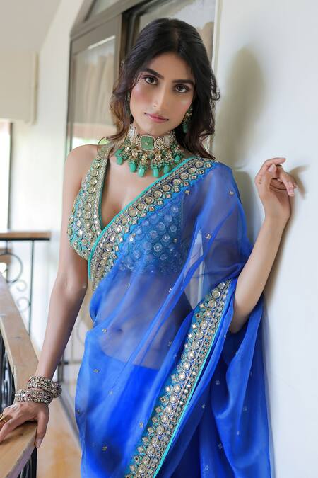 Shop Foram Patel Blue Silk, Crepe Cut Work, Embroidery, Hand Pre-draped Saree With Blouse Shop_Foram Patel_Blue Silk, Crepe Cut Work, Embroidery, Hand Pre-draped Saree With Blouse