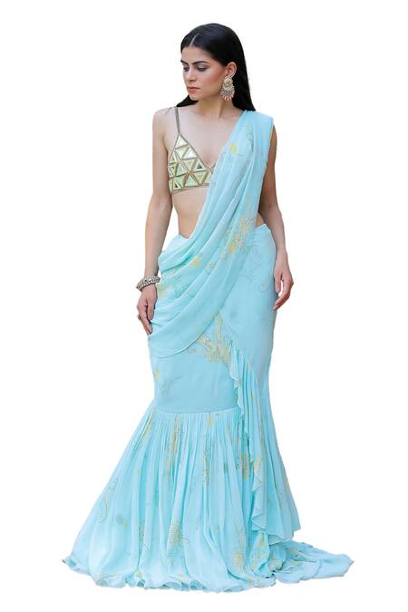 Buy_Foram Patel_Blue Net, Georgette Floral Print Ruffle Pre-draped Saree With Blouse_Online_at_Aza_Fashions