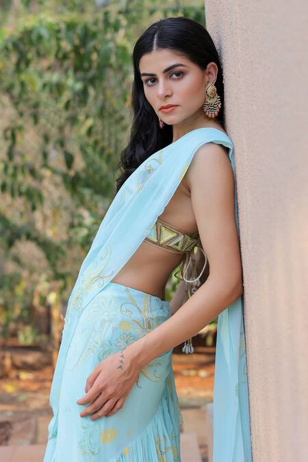 Foram Patel_Blue Net, Georgette Floral Print Ruffle Pre-draped Saree With Blouse_at_Aza_Fashions