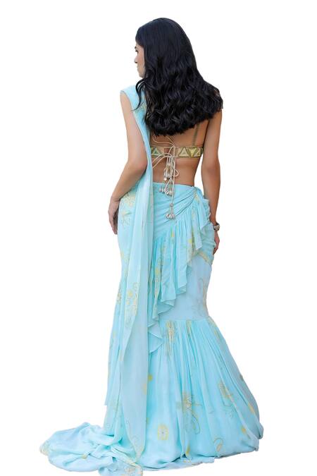 Buy_Foram Patel_Blue Net, Georgette Floral Print Ruffle Pre-draped Saree With Blouse
