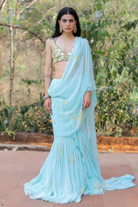 Shop_Foram Patel_Blue Net, Georgette Floral Print Ruffle Pre-draped Saree With Blouse