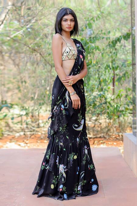 Foram Patel_Black Net, Georgette, Linen Floral Pattern Ruffle Pre-draped Saree With Blouse_Online_at_Aza_Fashions