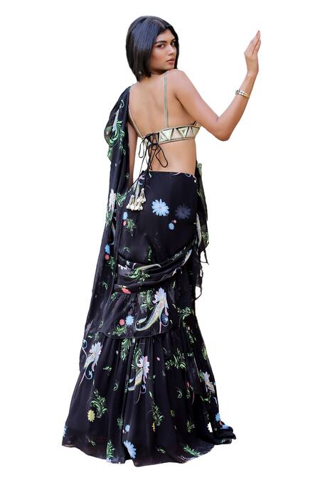 Foram Patel_Black Net, Georgette, Linen Floral Pattern Ruffle Pre-draped Saree With Blouse_at_Aza_Fashions