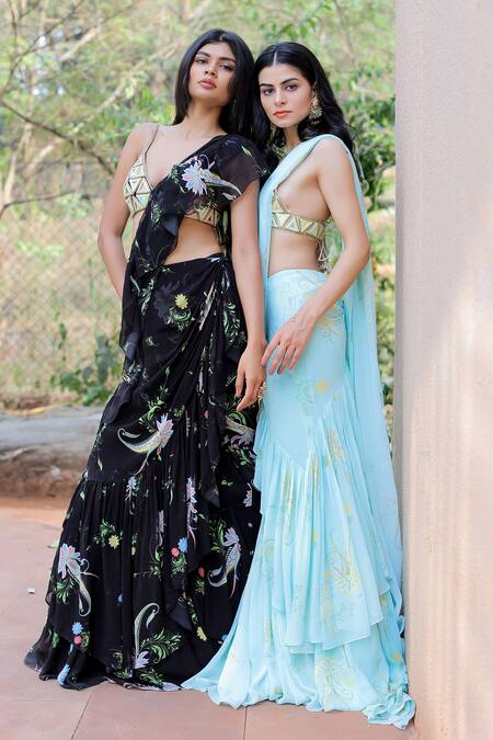 Buy_Foram Patel_Black Net, Georgette, Linen Floral Pattern Ruffle Pre-draped Saree With Blouse