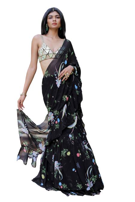 Shop_Foram Patel_Black Net, Georgette, Linen Floral Pattern Ruffle Pre-draped Saree With Blouse