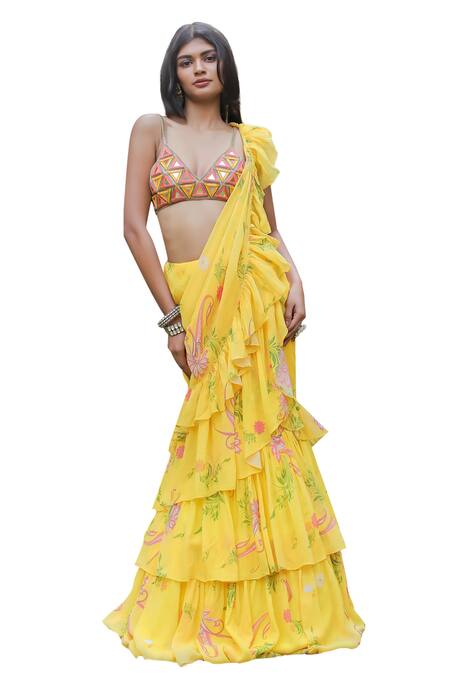 Buy_Foram Patel_Yellow Georgette, Net, Printed Ruffle Pre-draped Saree With Embroidered Blouse_Online_at_Aza_Fashions
