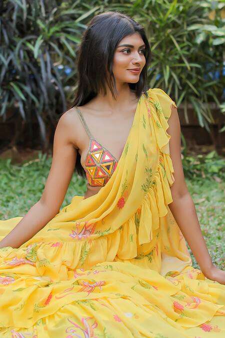 Shop_Foram Patel_Yellow Georgette, Net, Printed Ruffle Pre-draped Saree With Embroidered Blouse_Online_at_Aza_Fashions
