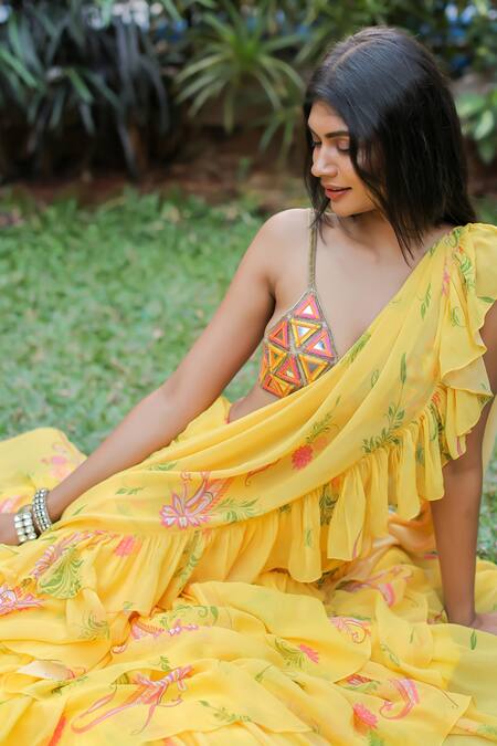Foram Patel_Yellow Georgette, Net, Printed Ruffle Pre-draped Saree With Embroidered Blouse_at_Aza_Fashions