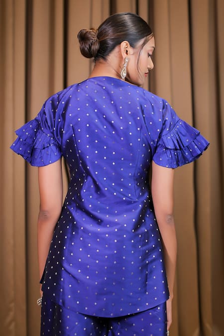 Shop Foram Patel Blue Brocade, Linen Mirrors, Foil Printing, Embroidery Kurta And Palazzo Set at Aza Fashions Shop_Foram Patel_Blue Brocade, Linen Mirrors, Foil Printing, Embroidery Kurta And Palazzo Set_at_Aza_Fashions