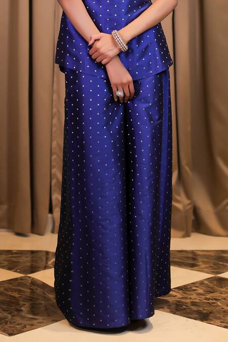 Foram Patel Blue Brocade, Linen Mirrors, Foil Printing, Embroidery Kurta And Palazzo Set Online at Aza Fashions Foram Patel_Blue Brocade, Linen Mirrors, Foil Printing, Embroidery Kurta And Palazzo Set_Online_at_Aza_Fashions