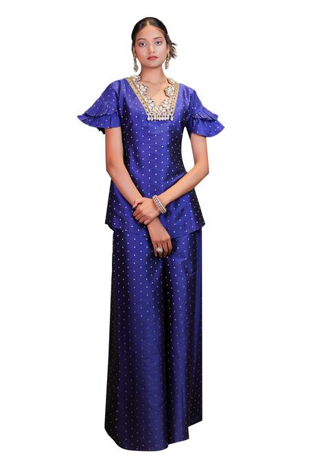 Buy Foram Patel Blue Brocade, Linen Mirrors, Foil Printing, Embroidery Kurta And Palazzo Set Online at Aza Fashions Buy_Foram Patel_Blue Brocade, Linen Mirrors, Foil Printing, Embroidery Kurta And Palazzo Set_Online_at_Aza_Fashions