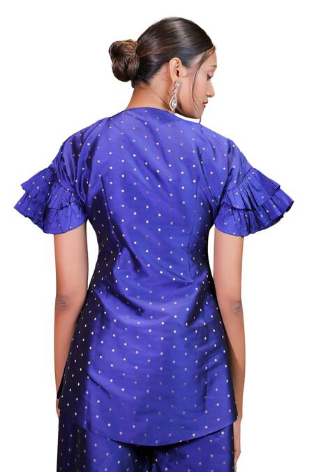 Foram Patel Blue Brocade, Linen Mirrors, Foil Printing, Embroidery Kurta And Palazzo Set at Aza Fashions Foram Patel_Blue Brocade, Linen Mirrors, Foil Printing, Embroidery Kurta And Palazzo Set_at_Aza_Fashions