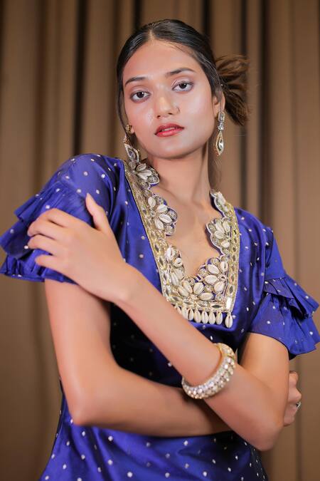 Shop Foram Patel Blue Brocade, Linen Mirrors, Foil Printing, Embroidery Kurta And Palazzo Set Shop_Foram Patel_Blue Brocade, Linen Mirrors, Foil Printing, Embroidery Kurta And Palazzo Set