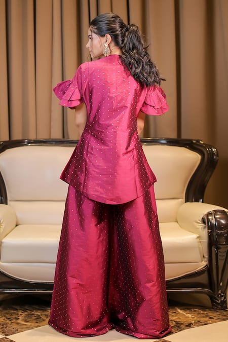 Shop_Foram Patel_Pink Brocade, Linen Mirrors, Zari, Embroidery V-neck Foil Kurta And Palazzo Set_at_Aza_Fashions