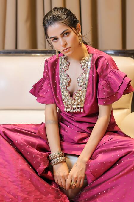 Foram Patel_Pink Brocade, Linen Mirrors, Zari, Embroidery V-neck Foil Kurta And Palazzo Set_Online_at_Aza_Fashions