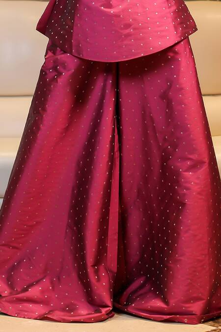 Shop_Foram Patel_Pink Brocade, Linen Mirrors, Zari, Embroidery V-neck Foil Kurta And Palazzo Set_Online_at_Aza_Fashions