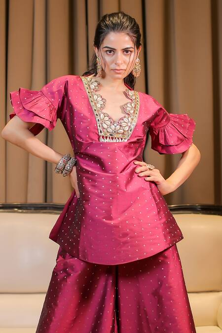 Foram Patel_Pink Brocade, Linen Mirrors, Zari, Embroidery V-neck Foil Kurta And Palazzo Set_at_Aza_Fashions
