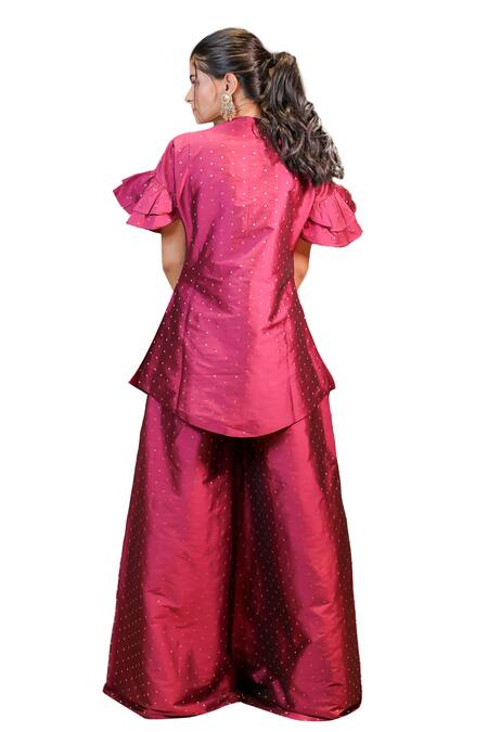 Shop_Foram Patel_Pink Brocade, Linen Mirrors, Zari, Embroidery V-neck Foil Kurta And Palazzo Set